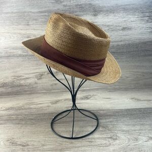 Vintage Leghorn Straw Fedora Hat Genuine Italy W Hat Band Size 6 5/8 Beige Tan